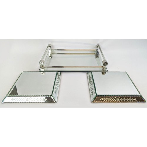 16 - WILLIAM YEOWARD TRAY, mirrored tray with perspex handles along with a pair of etched mirrored stands... 