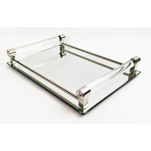 16 - WILLIAM YEOWARD TRAY, mirrored tray with perspex handles along with a pair of etched mirrored stands... 