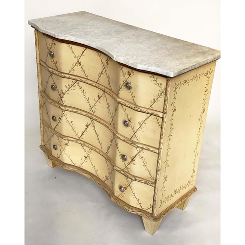 100 - COMMODE, Continental style foliate hand painted with double bow front and four long drawers and squa... 