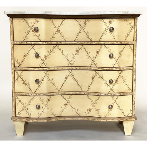 100 - COMMODE, Continental style foliate hand painted with double bow front and four long drawers and squa... 