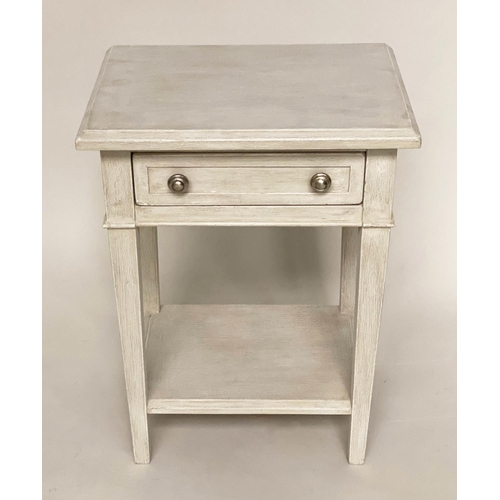 102 - LAMP TABLES, a pair, French Directoire style grey painted with single frieze drawer, undertier and s... 