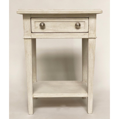 102 - LAMP TABLES, a pair, French Directoire style grey painted with single frieze drawer, undertier and s... 