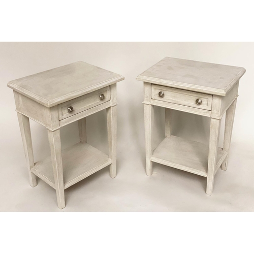 102 - LAMP TABLES, a pair, French Directoire style grey painted with single frieze drawer, undertier and s... 