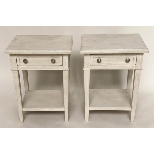 102 - LAMP TABLES, a pair, French Directoire style grey painted with single frieze drawer, undertier and s... 