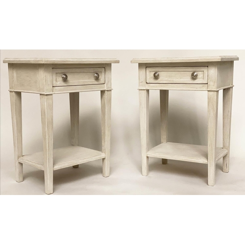 102 - LAMP TABLES, a pair, French Directoire style grey painted with single frieze drawer, undertier and s... 