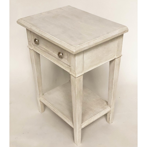 102 - LAMP TABLES, a pair, French Directoire style grey painted with single frieze drawer, undertier and s... 