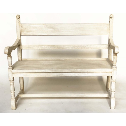 103 - HALL BENCH, English Vintage traditionally grey painted with scroll uprights and bench seat, 118cm W.