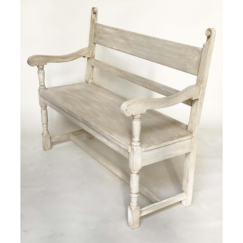 103 - HALL BENCH, English Vintage traditionally grey painted with scroll uprights and bench seat, 118cm W.