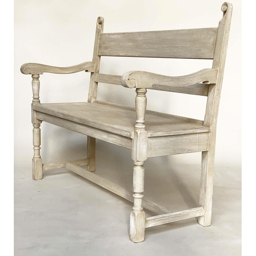 103 - HALL BENCH, English Vintage traditionally grey painted with scroll uprights and bench seat, 118cm W.