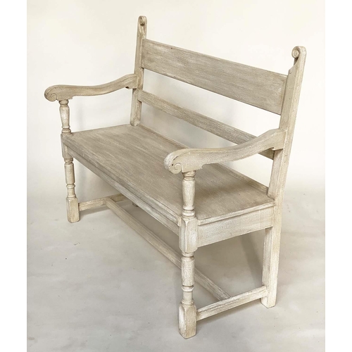 103 - HALL BENCH, English Vintage traditionally grey painted with scroll uprights and bench seat, 118cm W.