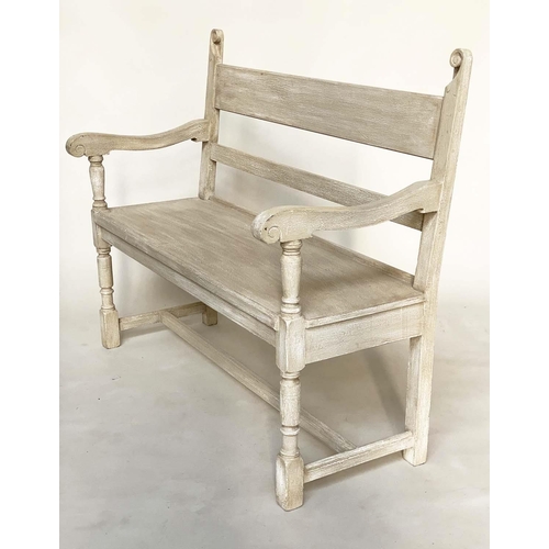 103 - HALL BENCH, English Vintage traditionally grey painted with scroll uprights and bench seat, 118cm W.