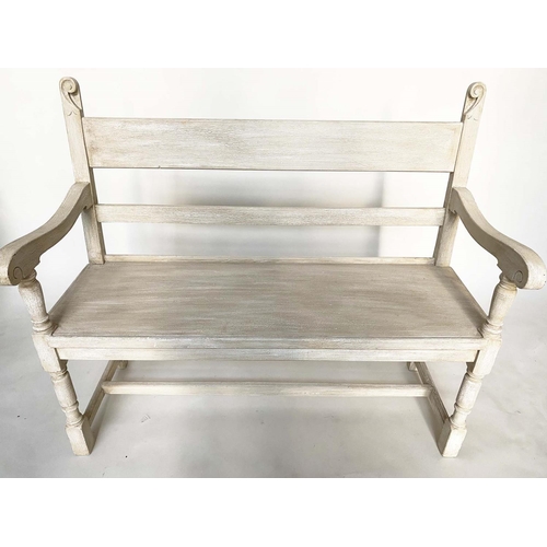 103 - HALL BENCH, English Vintage traditionally grey painted with scroll uprights and bench seat, 118cm W.