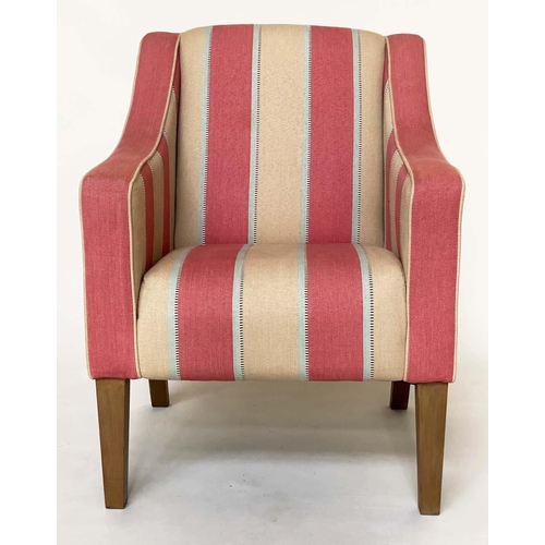 105 - EASY ARMCHAIR, 1930s style with piped strawberry red and cream striped upholstery, with square taper... 