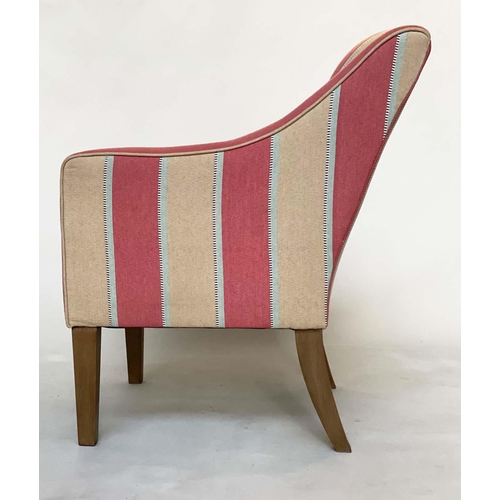 105 - EASY ARMCHAIR, 1930s style with piped strawberry red and cream striped upholstery, with square taper... 