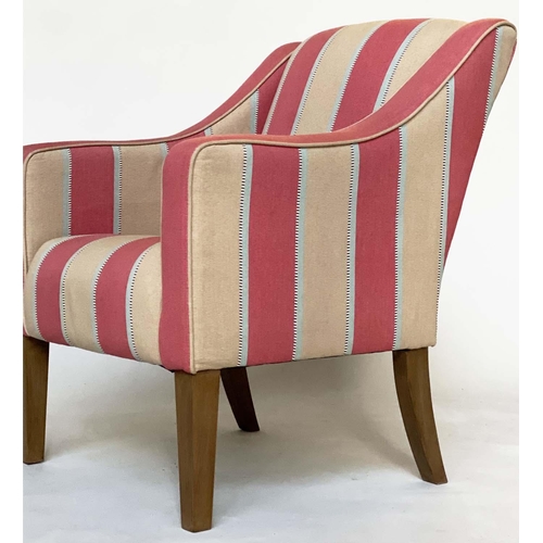 105 - EASY ARMCHAIR, 1930s style with piped strawberry red and cream striped upholstery, with square taper... 