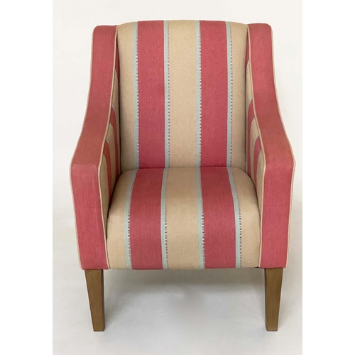 105 - EASY ARMCHAIR, 1930s style with piped strawberry red and cream striped upholstery, with square taper... 