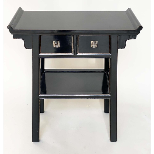 107 - CONSOLE TABLE, Chinese black lacquered rectangular, with silvered handles and two frieze drawers and... 