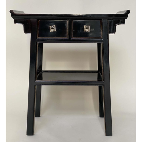 107 - CONSOLE TABLE, Chinese black lacquered rectangular, with silvered handles and two frieze drawers and... 