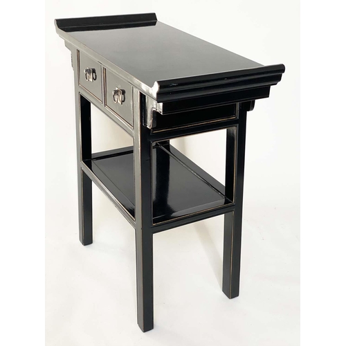 107 - CONSOLE TABLE, Chinese black lacquered rectangular, with silvered handles and two frieze drawers and... 