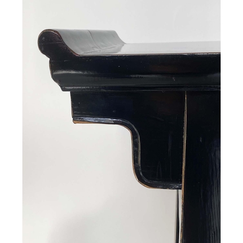 107 - CONSOLE TABLE, Chinese black lacquered rectangular, with silvered handles and two frieze drawers and... 