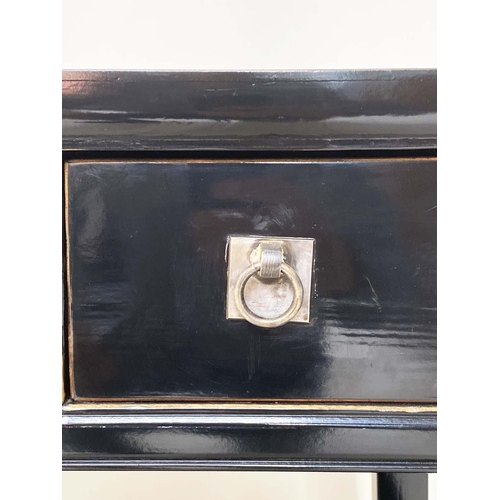 107 - CONSOLE TABLE, Chinese black lacquered rectangular, with silvered handles and two frieze drawers and... 