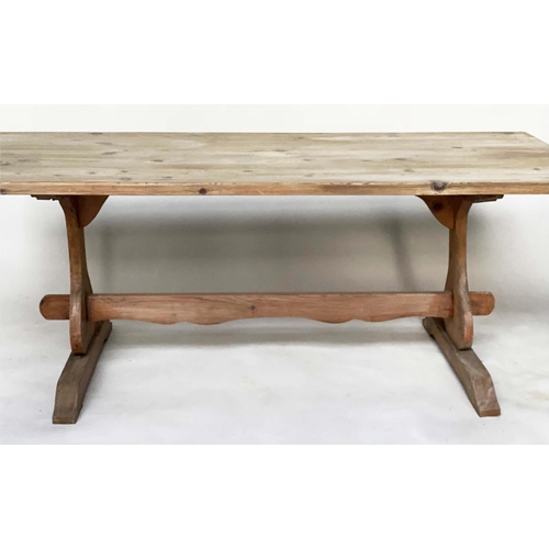 111 - DINING REFECTORY TABLE, vintage rectangular farmhouse style planked pine on pierced trestles and str... 