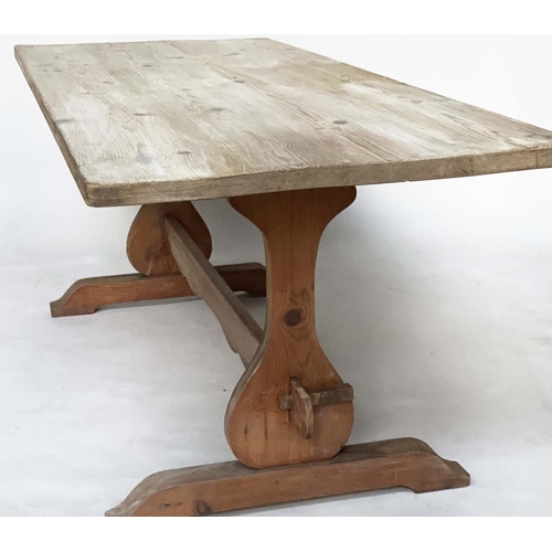 111 - DINING REFECTORY TABLE, vintage rectangular farmhouse style planked pine on pierced trestles and str... 