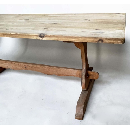 111 - DINING REFECTORY TABLE, vintage rectangular farmhouse style planked pine on pierced trestles and str... 