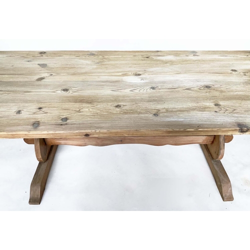 111 - DINING REFECTORY TABLE, vintage rectangular farmhouse style planked pine on pierced trestles and str... 