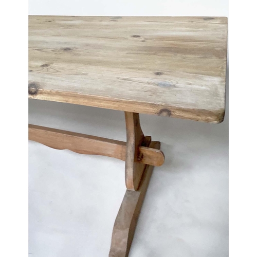 111 - DINING REFECTORY TABLE, vintage rectangular farmhouse style planked pine on pierced trestles and str... 