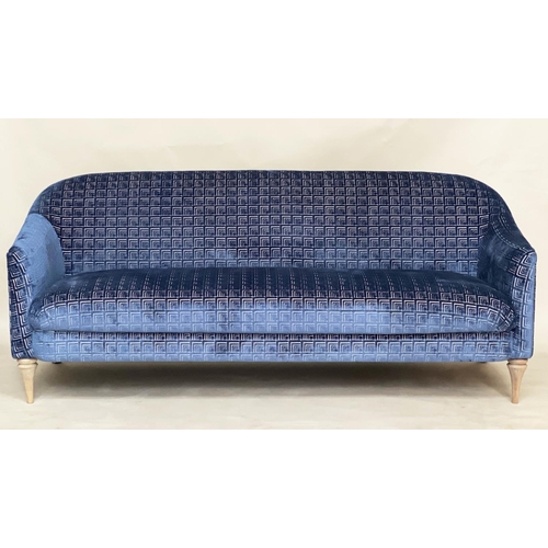 112 - SOFA, Art Deco style blue geometric weave upholstery with curved back, outswept arms and tapering su... 