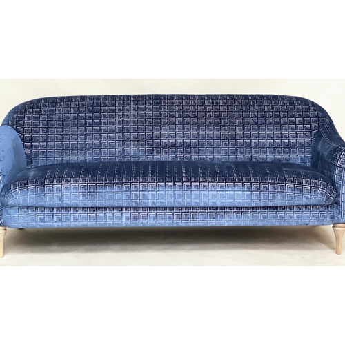 112 - SOFA, Art Deco style blue geometric weave upholstery with curved back, outswept arms and tapering su... 