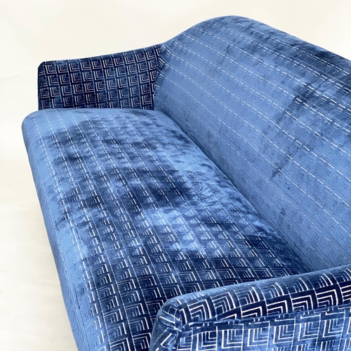 112 - SOFA, Art Deco style blue geometric weave upholstery with curved back, outswept arms and tapering su... 