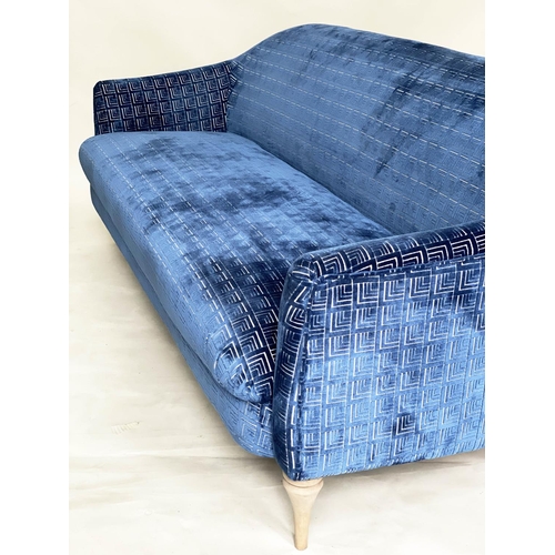 112 - SOFA, Art Deco style blue geometric weave upholstery with curved back, outswept arms and tapering su... 