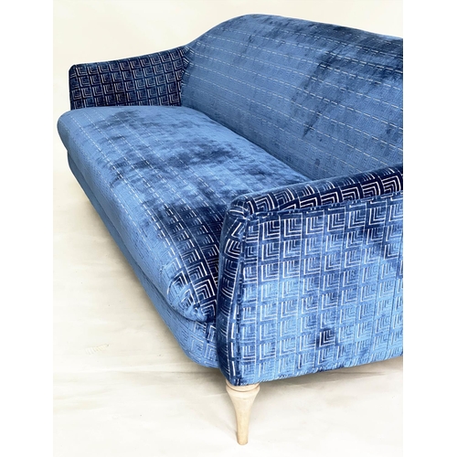 112 - SOFA, Art Deco style blue geometric weave upholstery with curved back, outswept arms and tapering su... 