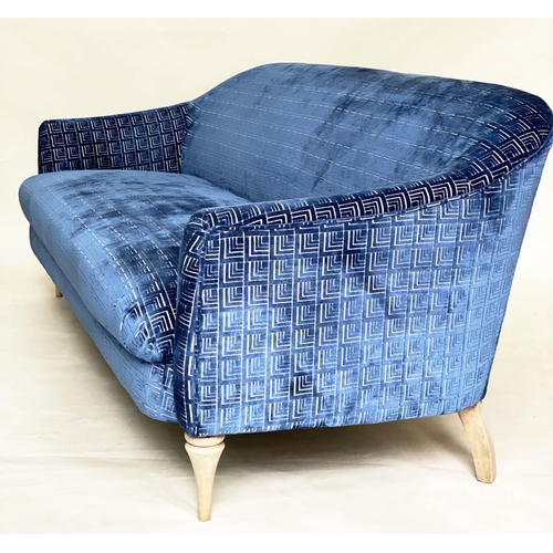 112 - SOFA, Art Deco style blue geometric weave upholstery with curved back, outswept arms and tapering su... 