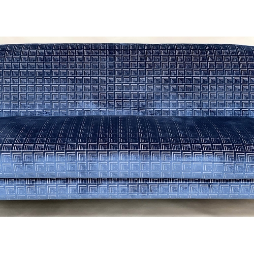 112 - SOFA, Art Deco style blue geometric weave upholstery with curved back, outswept arms and tapering su... 