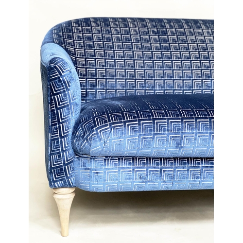 112 - SOFA, Art Deco style blue geometric weave upholstery with curved back, outswept arms and tapering su... 