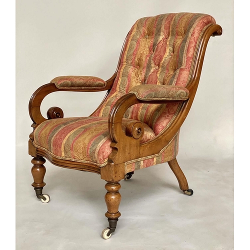 117 - ARMCHAIR, Victorian mahogany with paisley buttoned upholstery, scroll arms and turned front supports... 