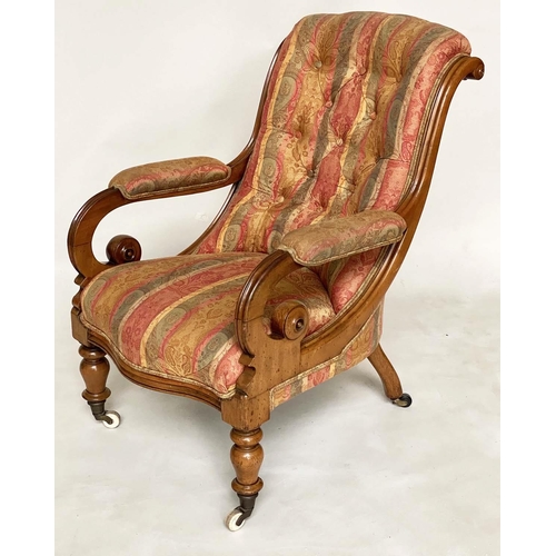 117 - ARMCHAIR, Victorian mahogany with paisley buttoned upholstery, scroll arms and turned front supports... 