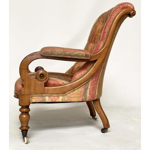 117 - ARMCHAIR, Victorian mahogany with paisley buttoned upholstery, scroll arms and turned front supports... 