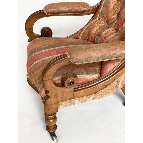 117 - ARMCHAIR, Victorian mahogany with paisley buttoned upholstery, scroll arms and turned front supports... 