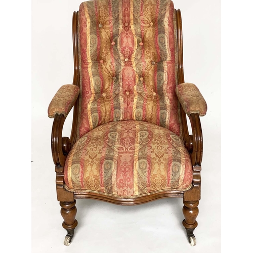 117 - ARMCHAIR, Victorian mahogany with paisley buttoned upholstery, scroll arms and turned front supports... 