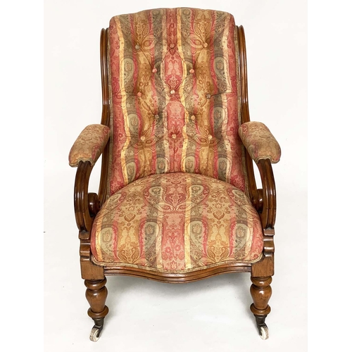 117 - ARMCHAIR, Victorian mahogany with paisley buttoned upholstery, scroll arms and turned front supports... 