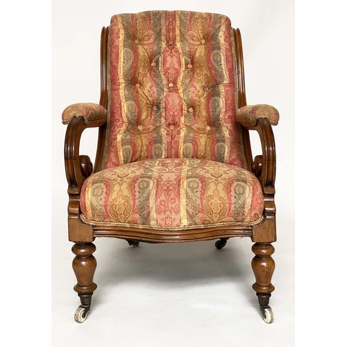 117 - ARMCHAIR, Victorian mahogany with paisley buttoned upholstery, scroll arms and turned front supports... 