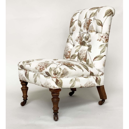 119 - NURSING CHAIR, Victorian mahogany with button floral printed cotton upholstery and turned supports, ... 