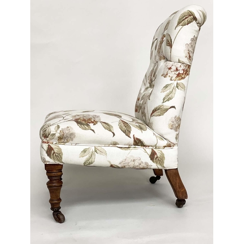 119 - NURSING CHAIR, Victorian mahogany with button floral printed cotton upholstery and turned supports, ... 