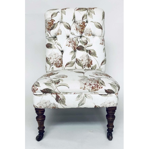 119 - NURSING CHAIR, Victorian mahogany with button floral printed cotton upholstery and turned supports, ... 