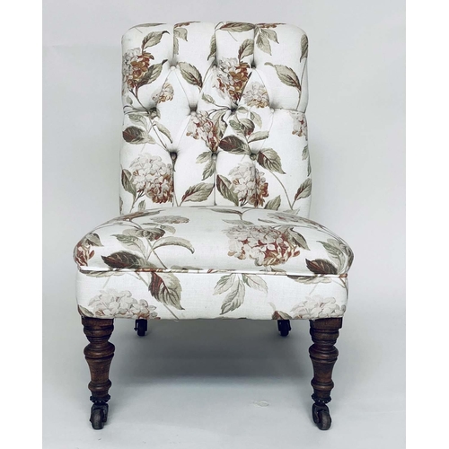 119 - NURSING CHAIR, Victorian mahogany with button floral printed cotton upholstery and turned supports, ... 