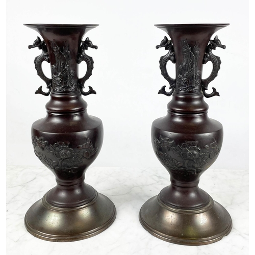 12 - JAPANESE BRONZE MEIJI STYLE VASES, and Jardiniere with bird, dragon and foliate decoration, 38cm H. ... 